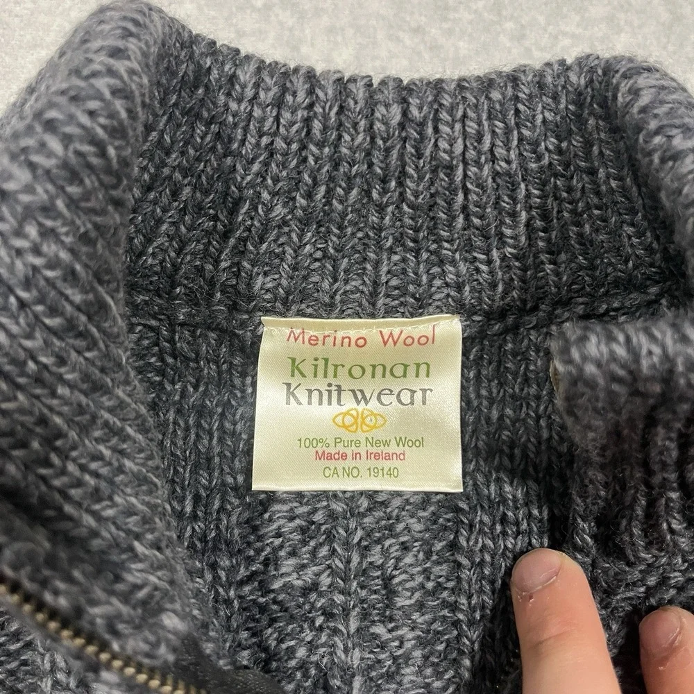 Kilronan Sweater Mens Medium Gray Cable Knit Fisherman 1/4 Zip 100% Merino Wool
